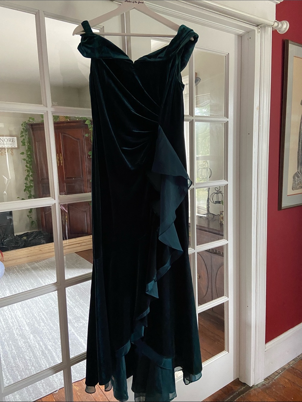 Adrianna Papell Emerald Velvet Off-Shoulder Ruffle Maxi Dress